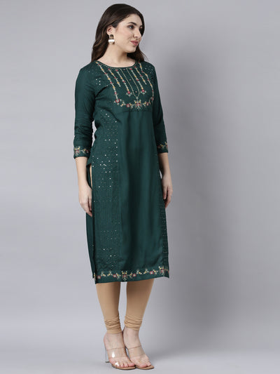 Neerus Green Regular Straight Woven Design Kurtas