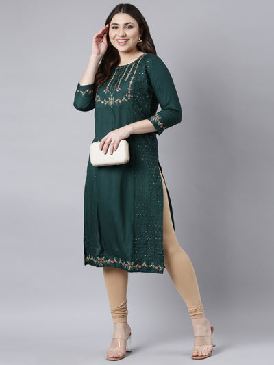 Neerus Green Regular Straight Woven Design Kurtas