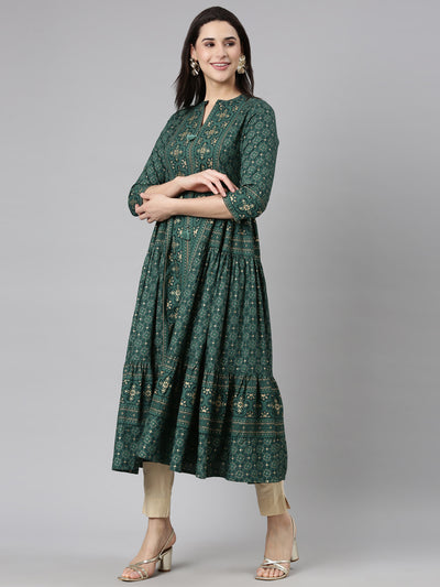 Neerus Green Flared Casual Floral Maxi Dresses