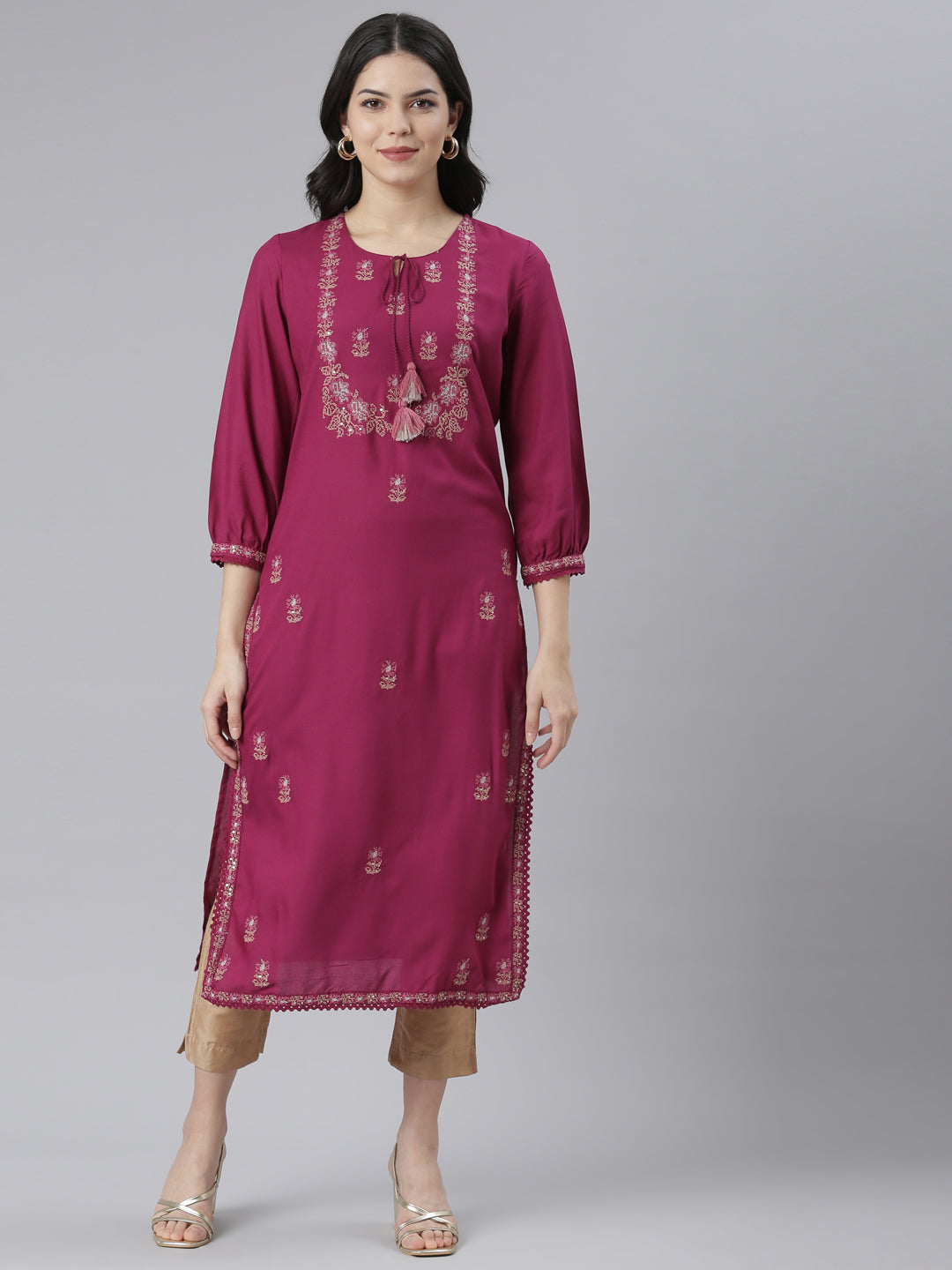 Neeru's Magenta Regular Straight Floral Kurtas