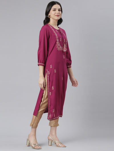 Neeru's Magenta Regular Straight Floral Kurtas