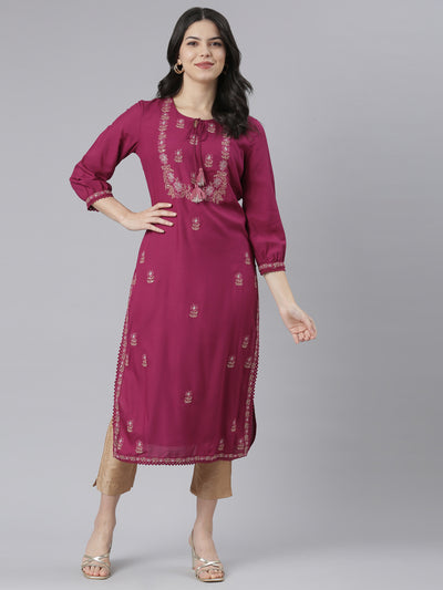 Neeru's Magenta Regular Straight Floral Kurtas