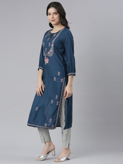 Neeru's Blue Regular Straight Floral Kurtas