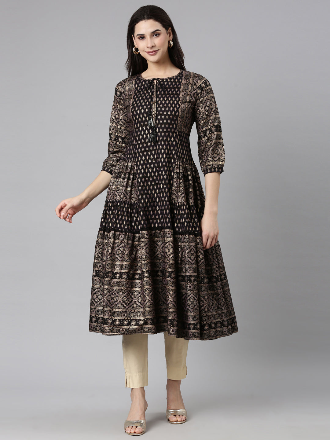 Neerus Black Regular Straight Floral Kurtas