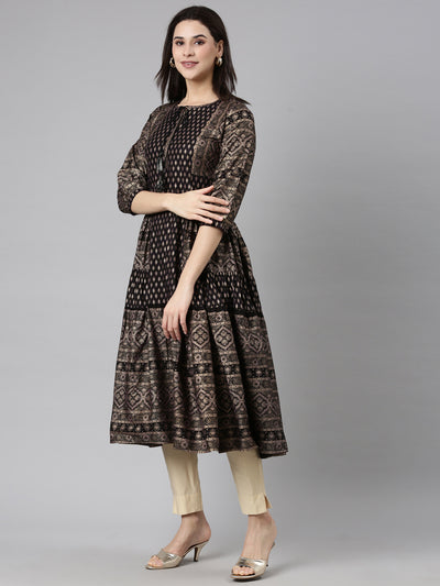 Neerus Black Regular Straight Floral Kurtas