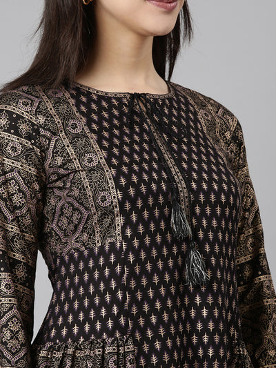 Neerus Black Regular Straight Floral Kurtas