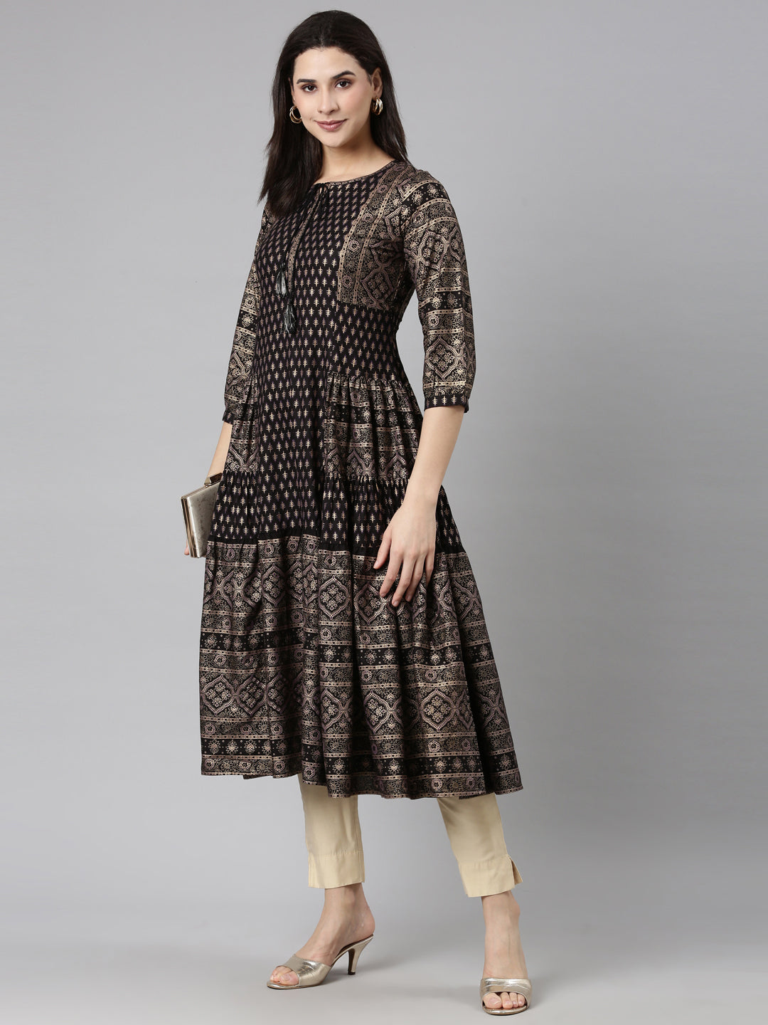 Neerus Black Regular Straight Floral Kurtas