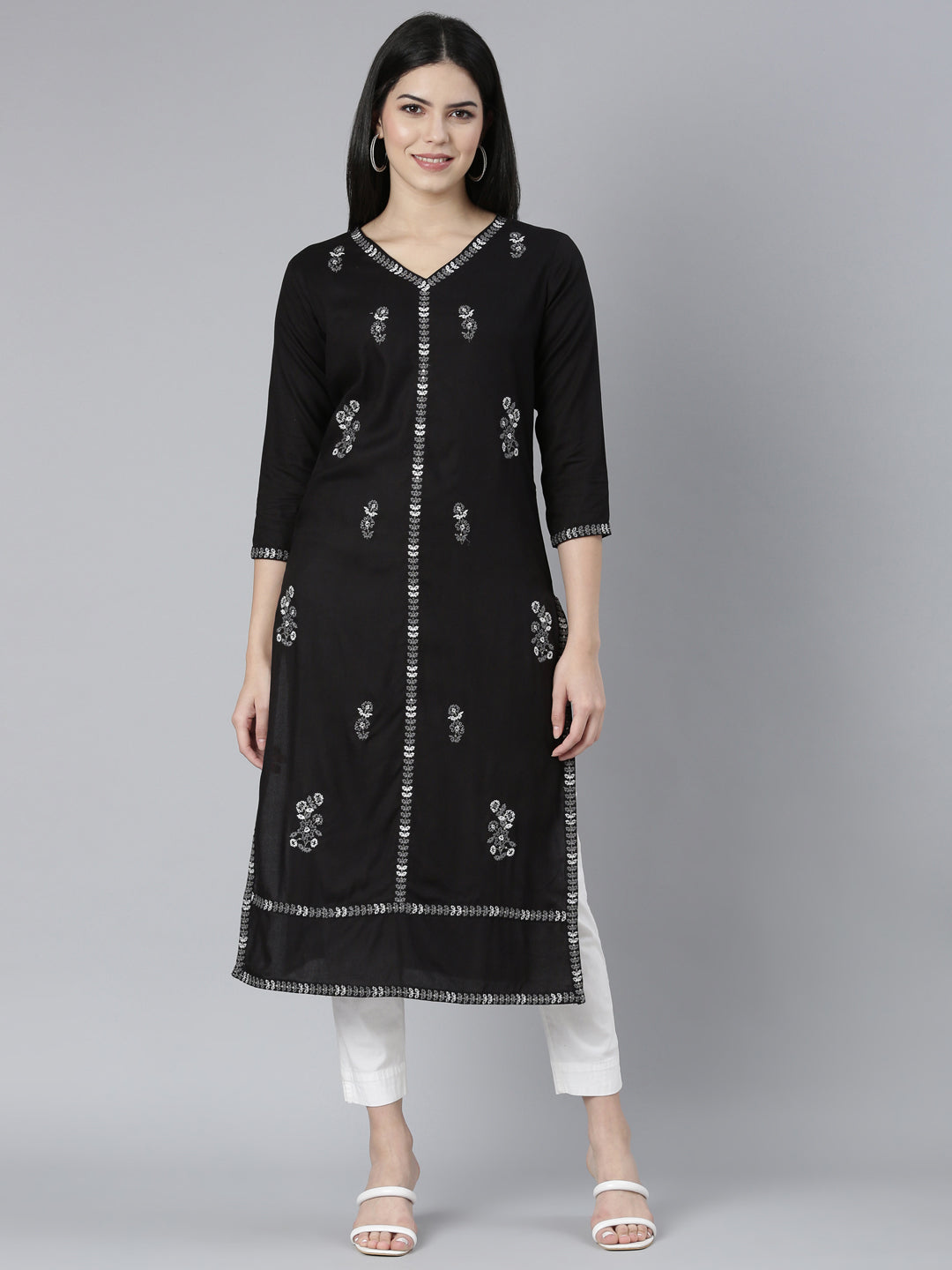 Neerus Black Regular Straight Floral Kurtas