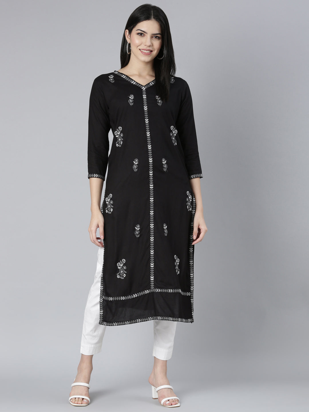 Neerus Black Regular Straight Floral Kurtas