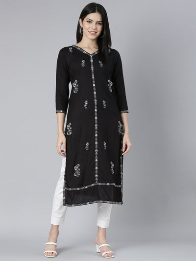 Neerus Black Regular Straight Floral Kurtas