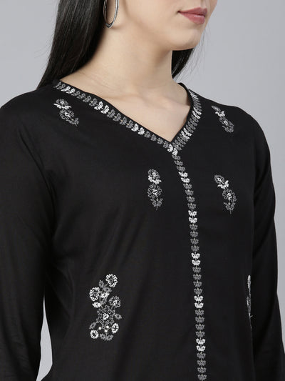 Neerus Black Regular Straight Floral Kurtas