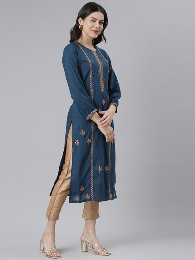 Neeru's Blue Regular Straight Floral Kurtas