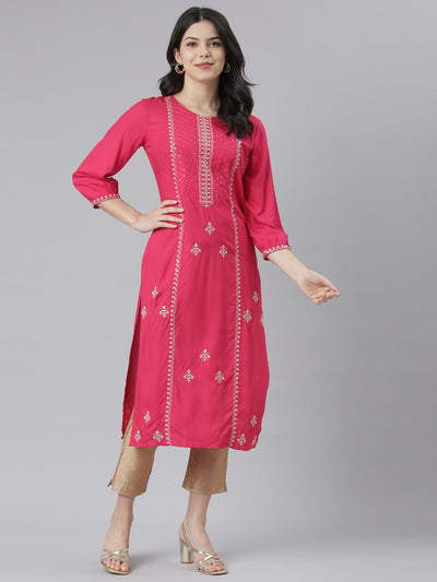 Neeru's Pink Regular Straight Floral Kurtas