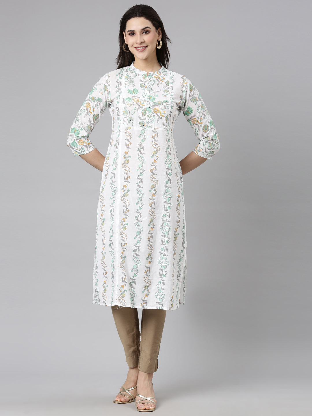 Neerus Sea Green Regular Straight Floral Kurtas