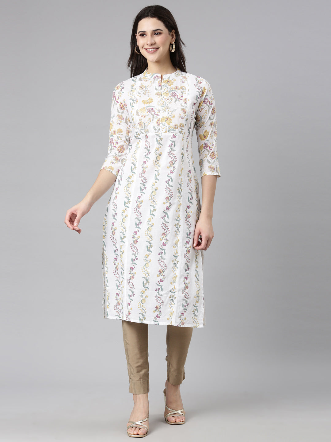 Neerus Yellow Regular Straight Floral Kurtas