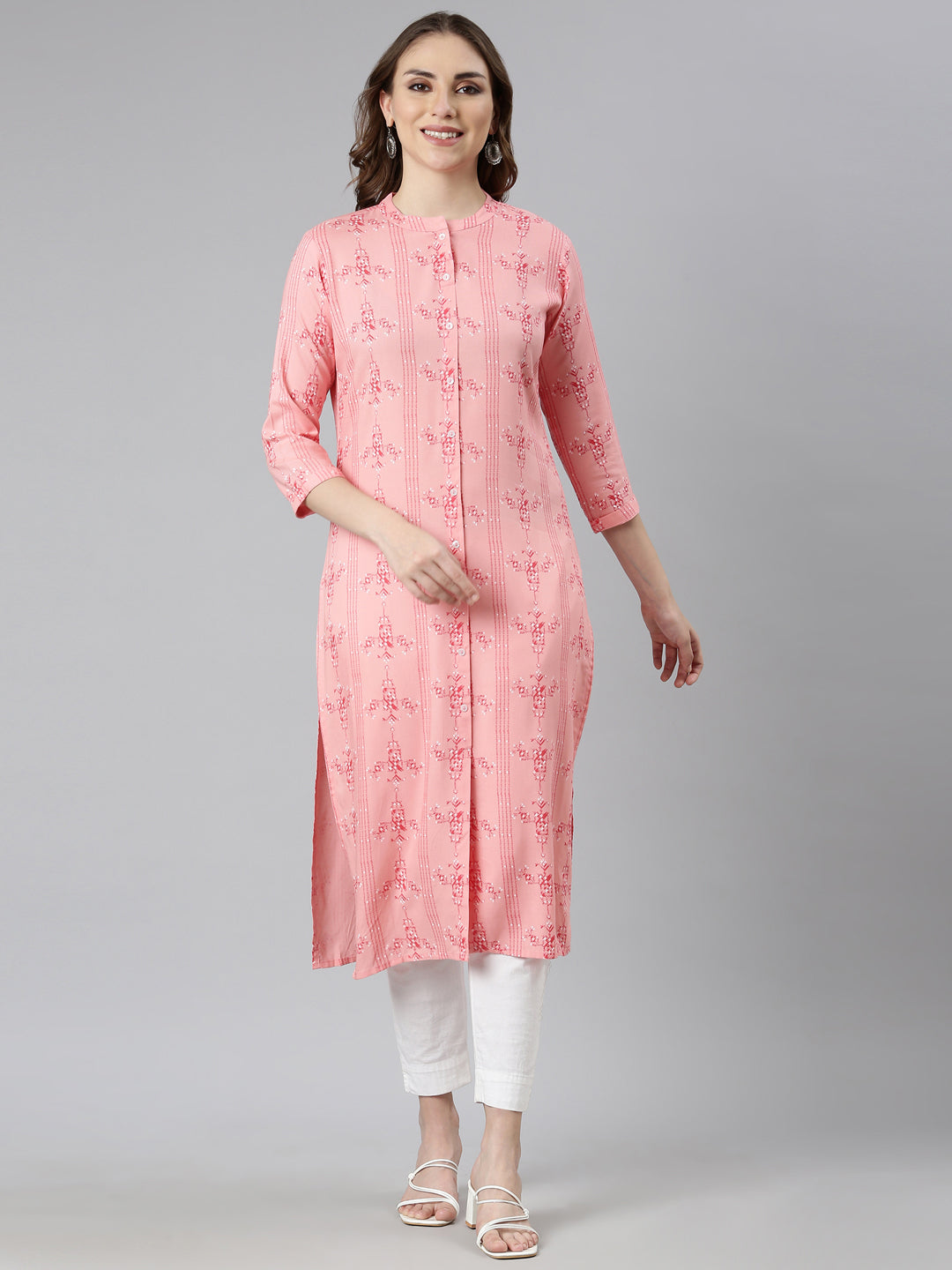 Neerus Peach Regular Straight Woven Design Kurtas