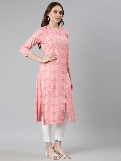 Neerus Peach Regular Straight Woven Design Kurtas