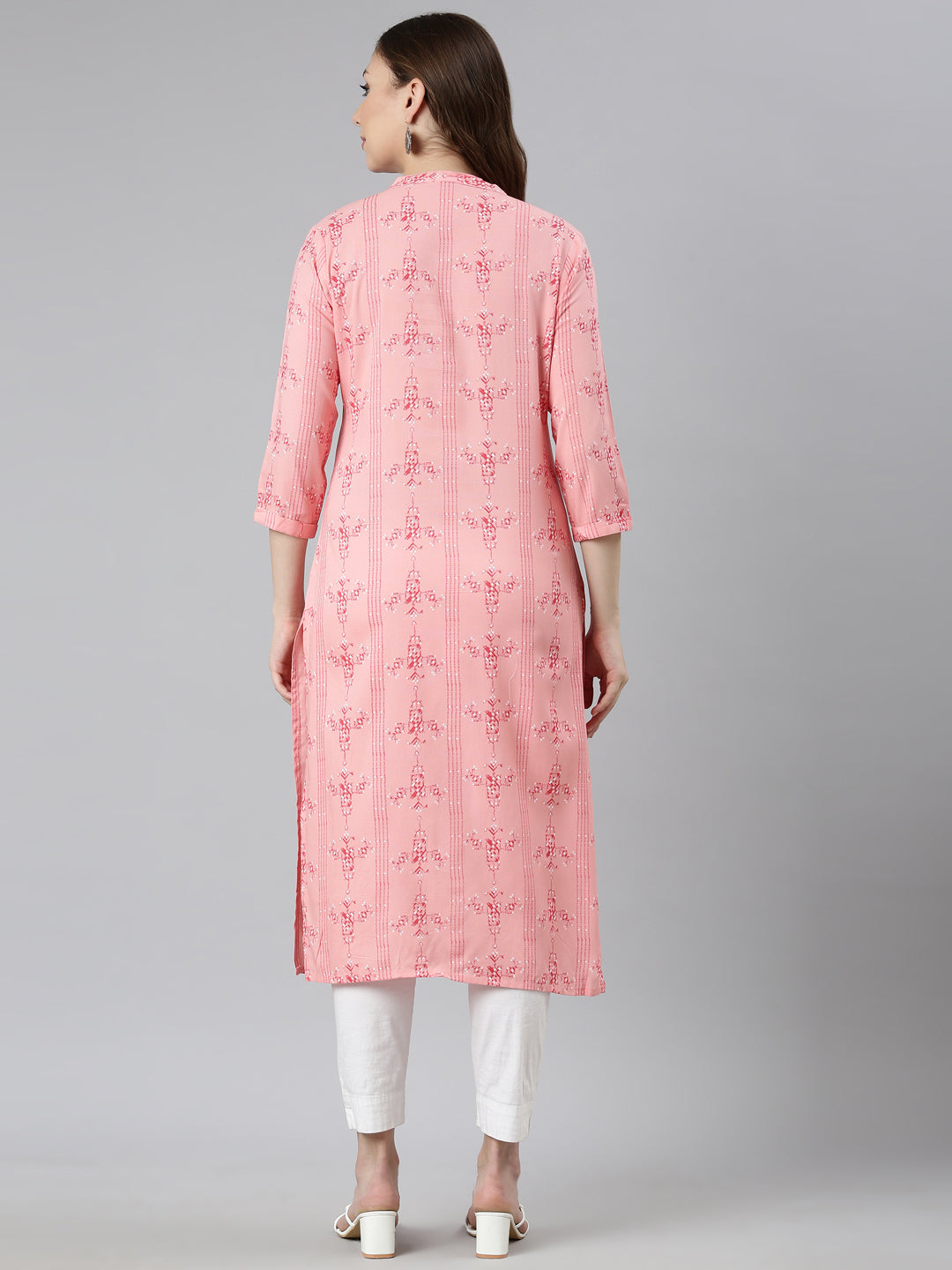 Neerus Peach Regular Straight Woven Design Kurtas