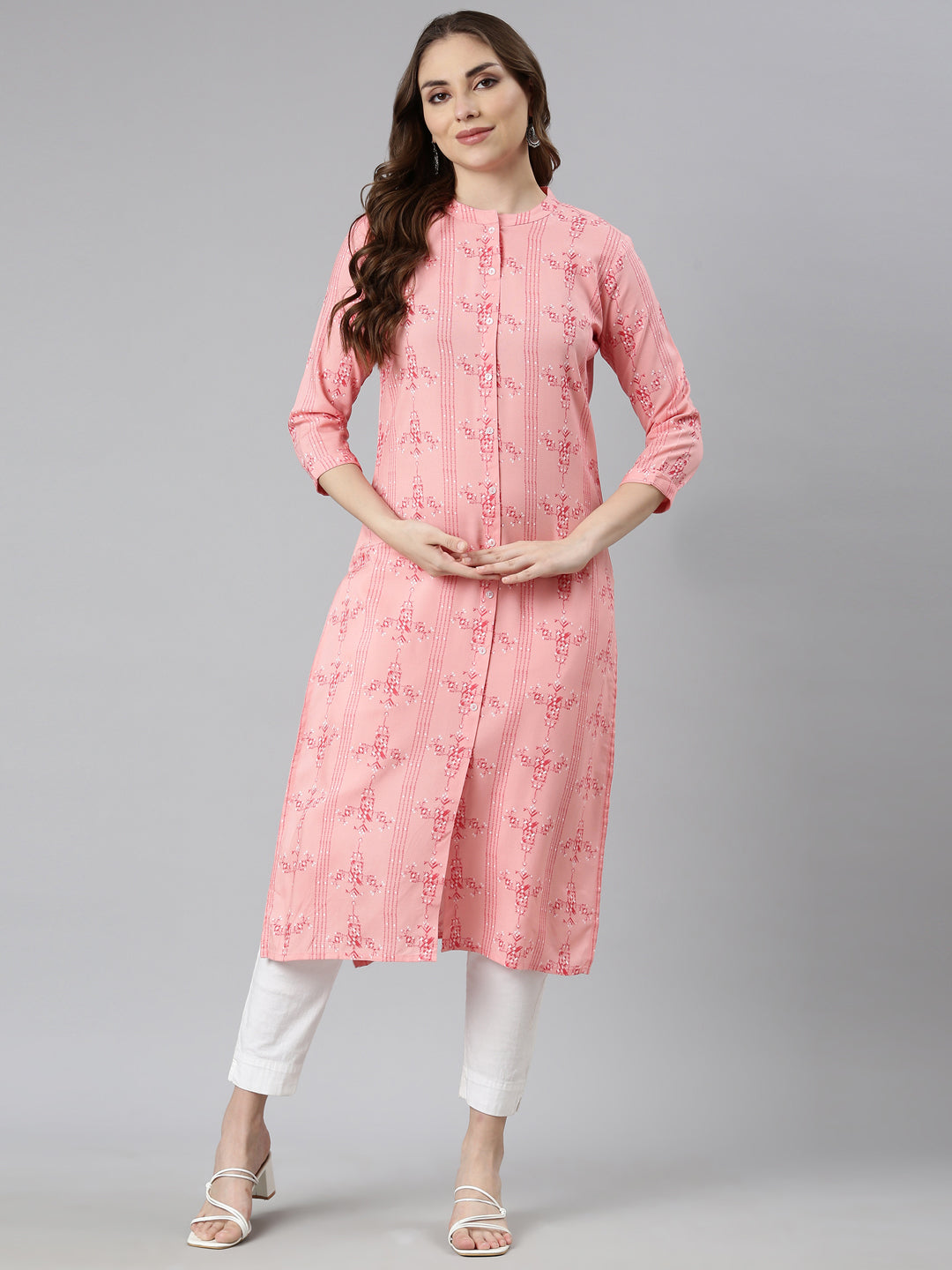 Neerus Peach Regular Straight Woven Design Kurtas