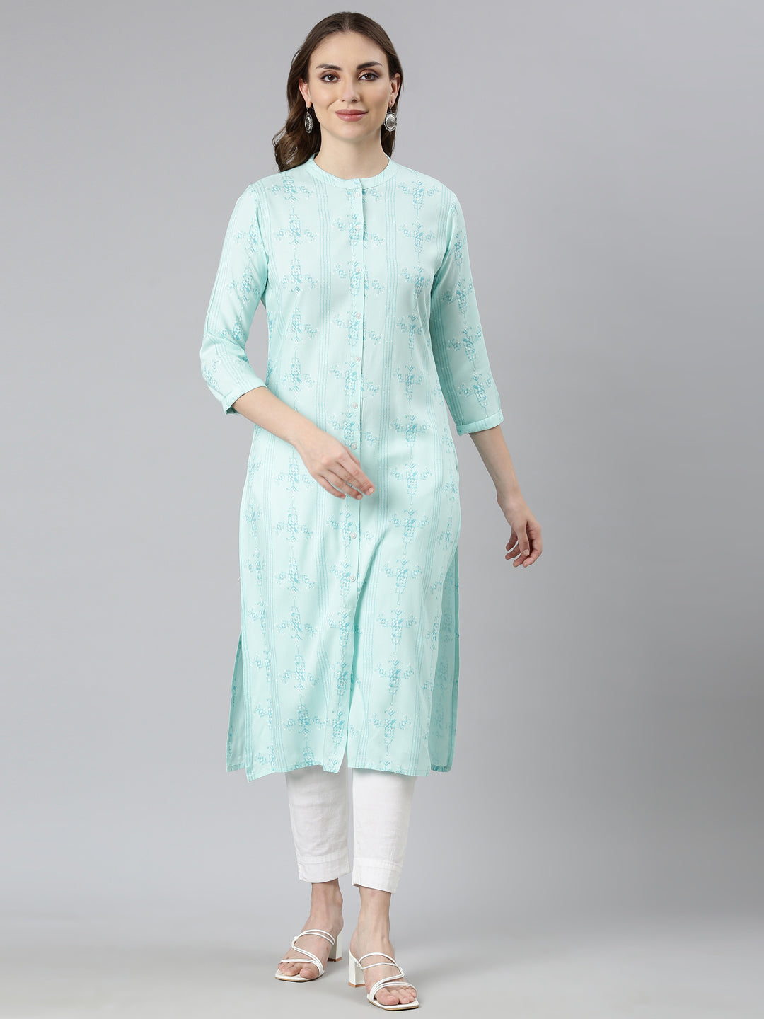 Neerus Sea Green Regular Straight Woven Design Kurtas