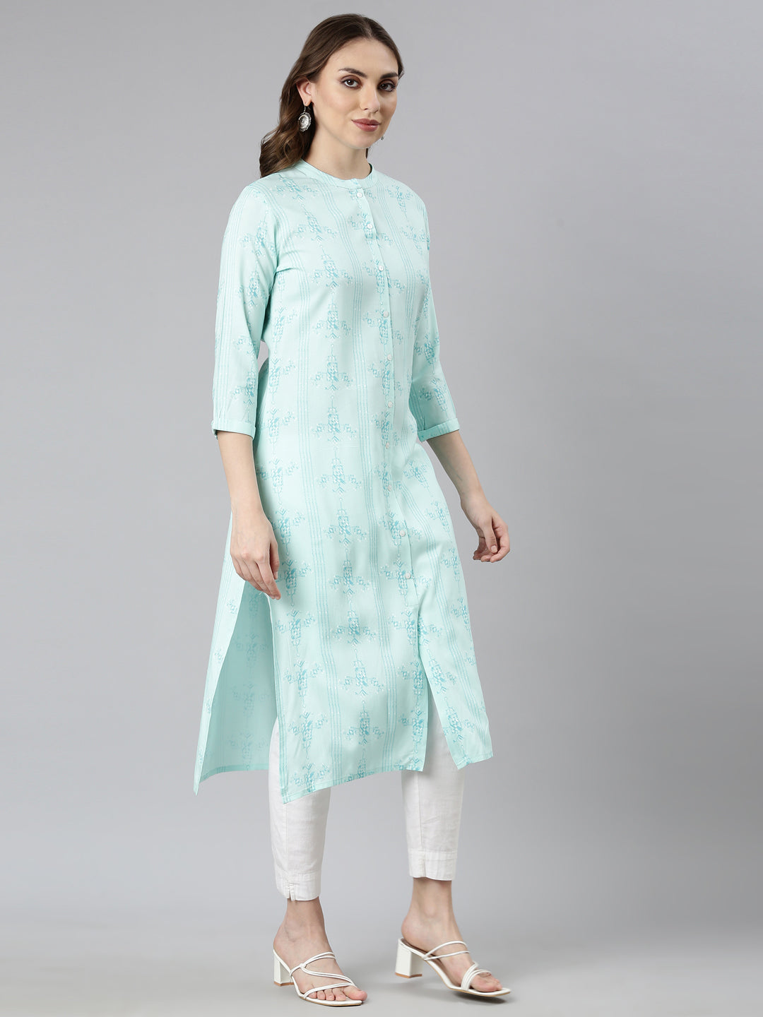 Neerus Sea Green Regular Straight Woven Design Kurtas