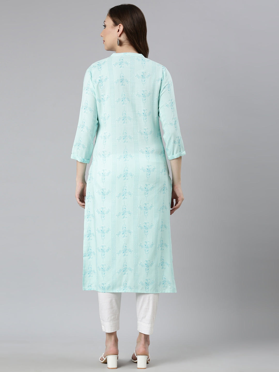 Neerus Sea Green Regular Straight Woven Design Kurtas