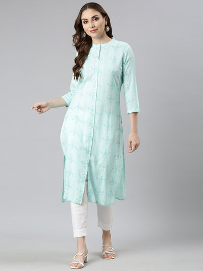 Neerus Sea Green Regular Straight Woven Design Kurtas