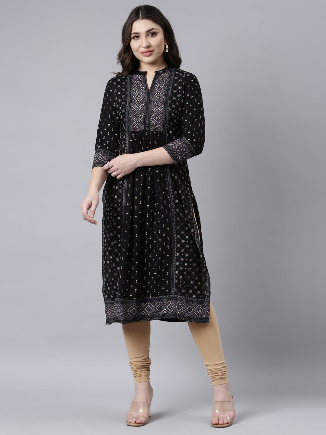 Neerus Black Regular Straight Woven Design Kurtas