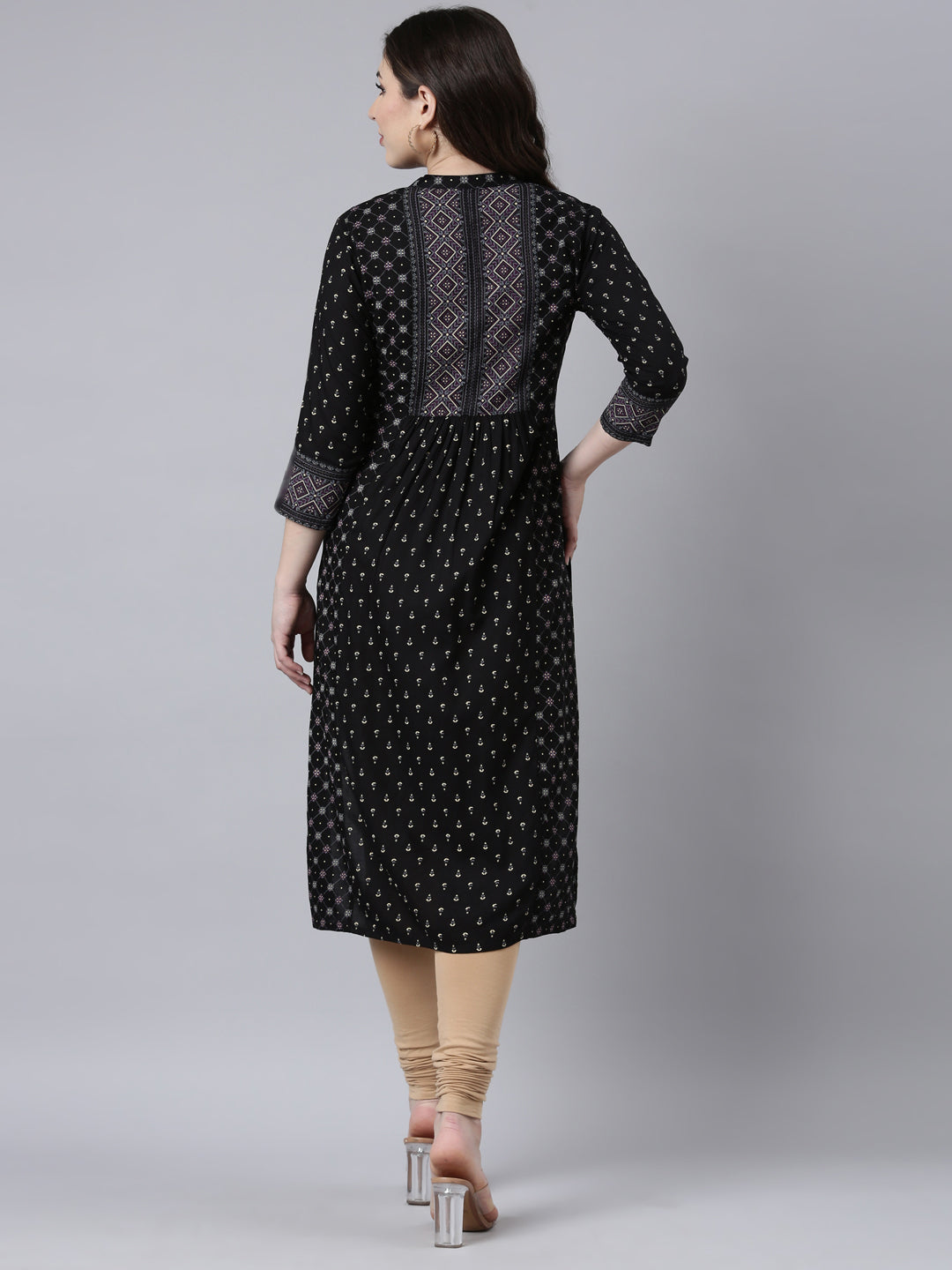 Neerus Black Regular Straight Woven Design Kurtas