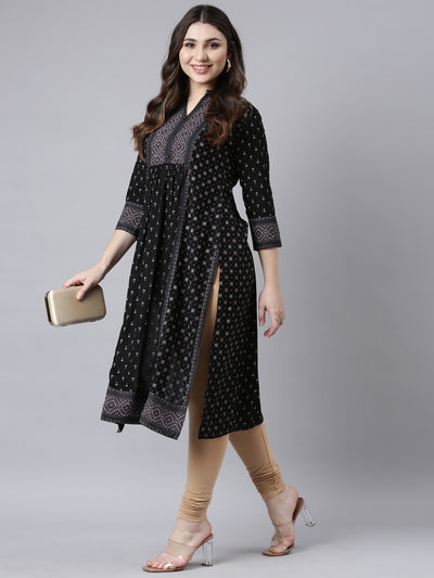 Neerus Black Regular Straight Woven Design Kurtas