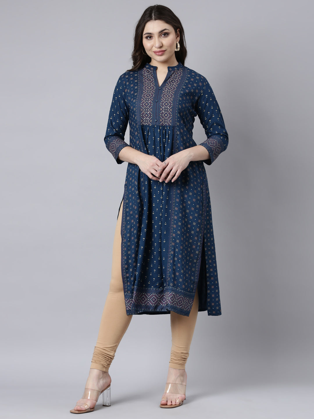 Neerus Blue Regular Straight Woven Design Kurtas