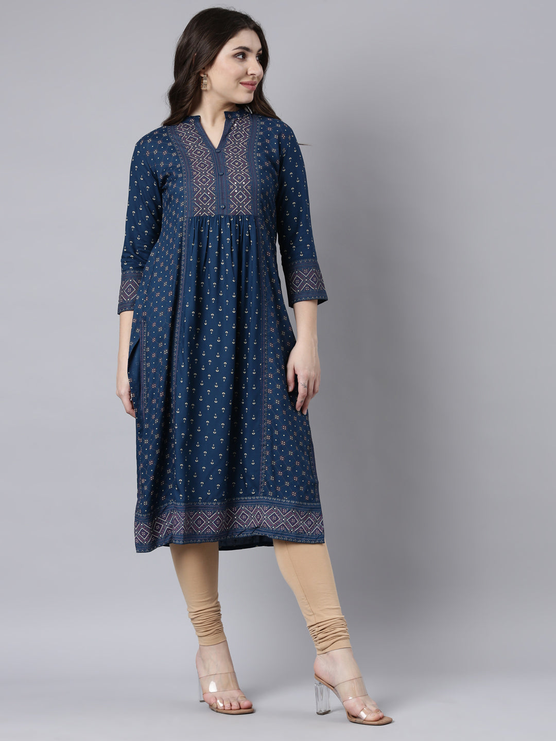 Neerus Blue Regular Straight Woven Design Kurtas