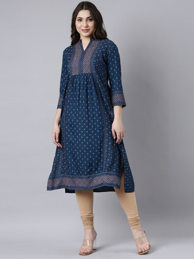 Neerus Blue Regular Straight Woven Design Kurtas