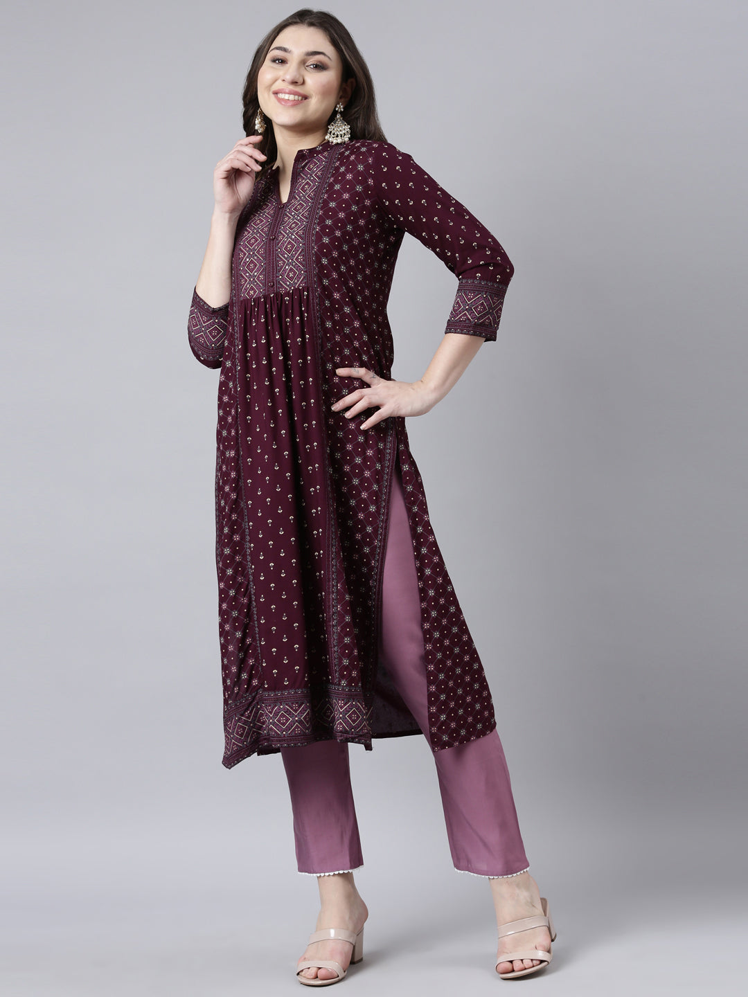 Neerus Purple Regular Straight Woven Design Kurtas