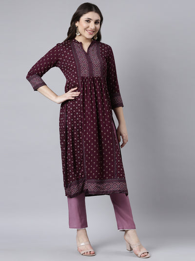 Neerus Purple Regular Straight Woven Design Kurtas