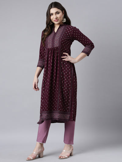 Neerus Purple Regular Straight Woven Design Kurtas