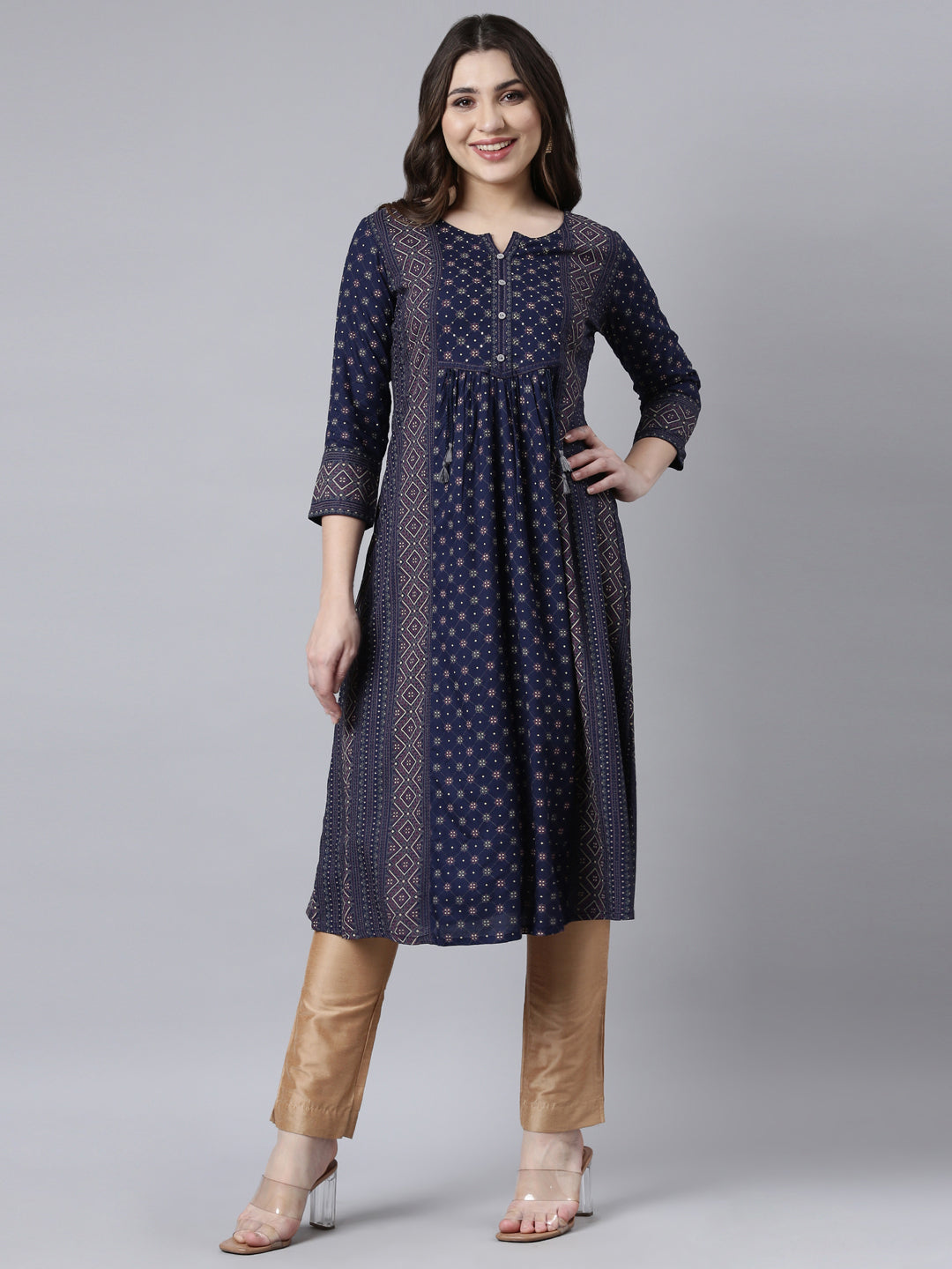 Neerus Navy Blue Regular Straight Woven Design Kurtas