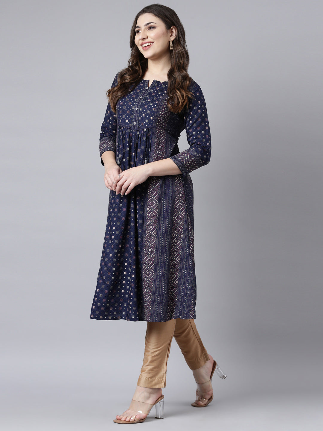 Neerus Navy Blue Regular Straight Woven Design Kurtas