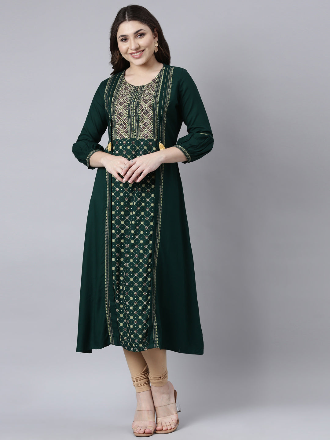 Neerus Green Regular Straight Woven Design Kurtas