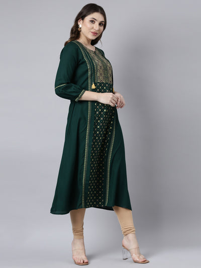 Neerus Green Regular Straight Woven Design Kurtas