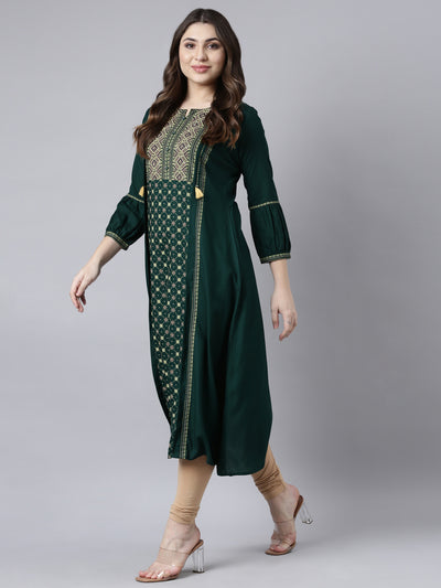 Neerus Green Regular Straight Woven Design Kurtas