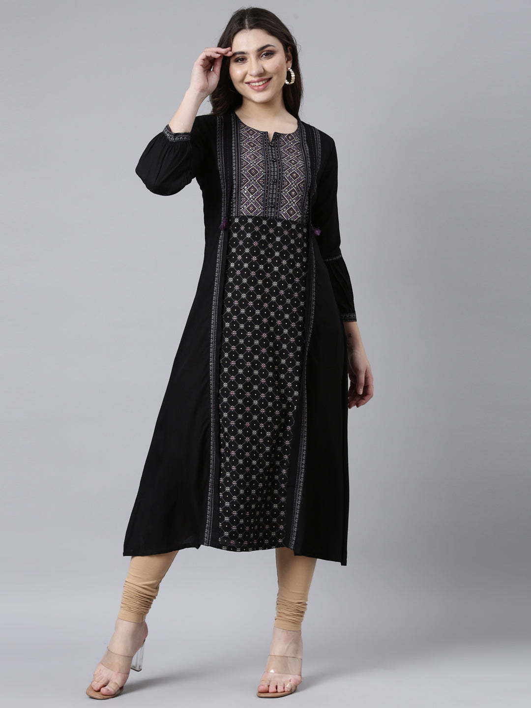 Neerus Black Regular Straight Woven Design Kurtas