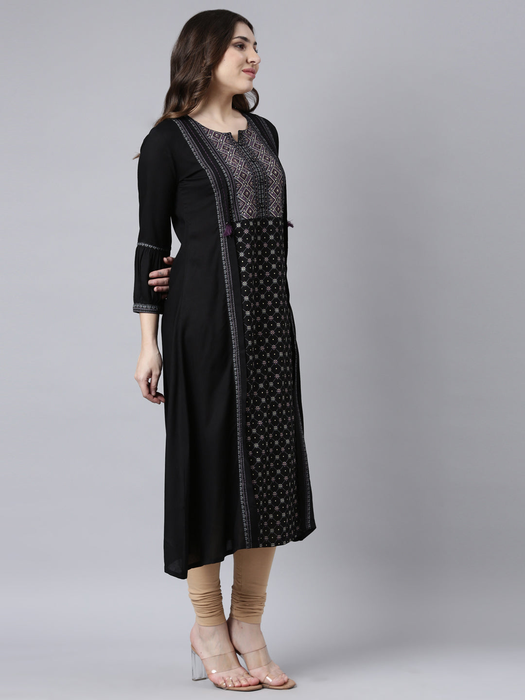 Neerus Black Regular Straight Woven Design Kurtas