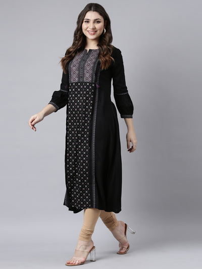 Neerus Black Regular Straight Woven Design Kurtas