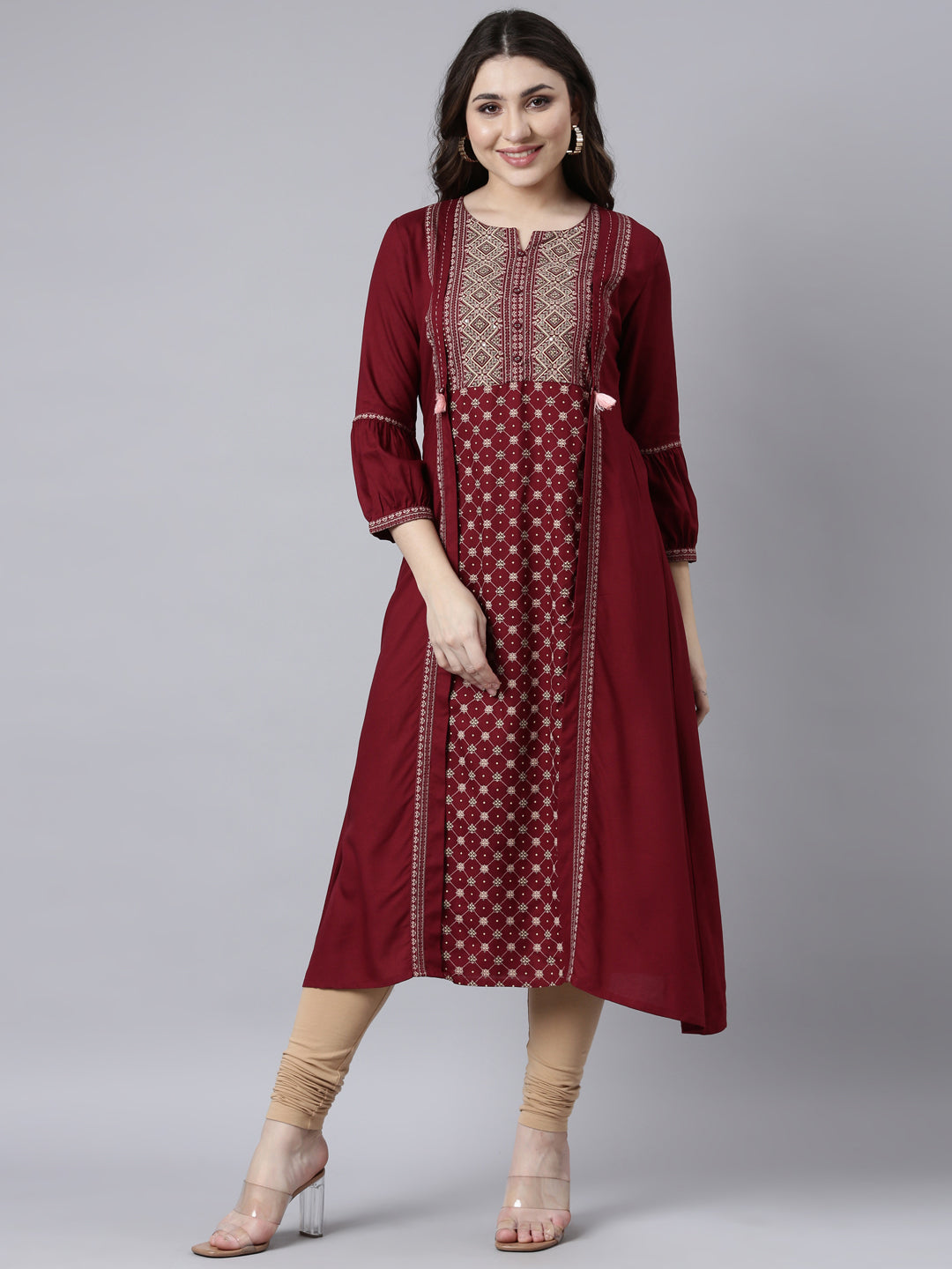 Neerus Maroon Regular Straight Woven Design Kurtas