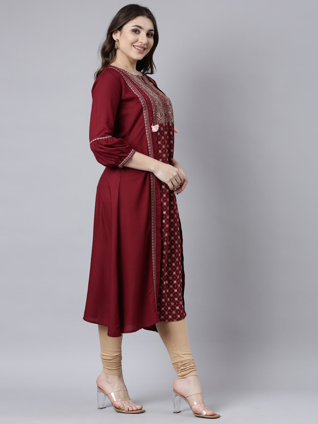 Neerus Maroon Regular Straight Woven Design Kurtas