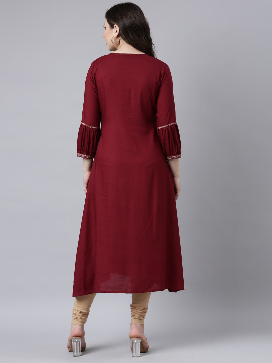 Neerus Maroon Regular Straight Woven Design Kurtas