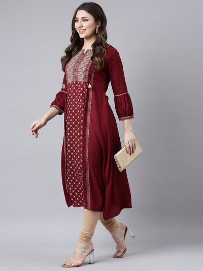 Neerus Maroon Regular Straight Woven Design Kurtas