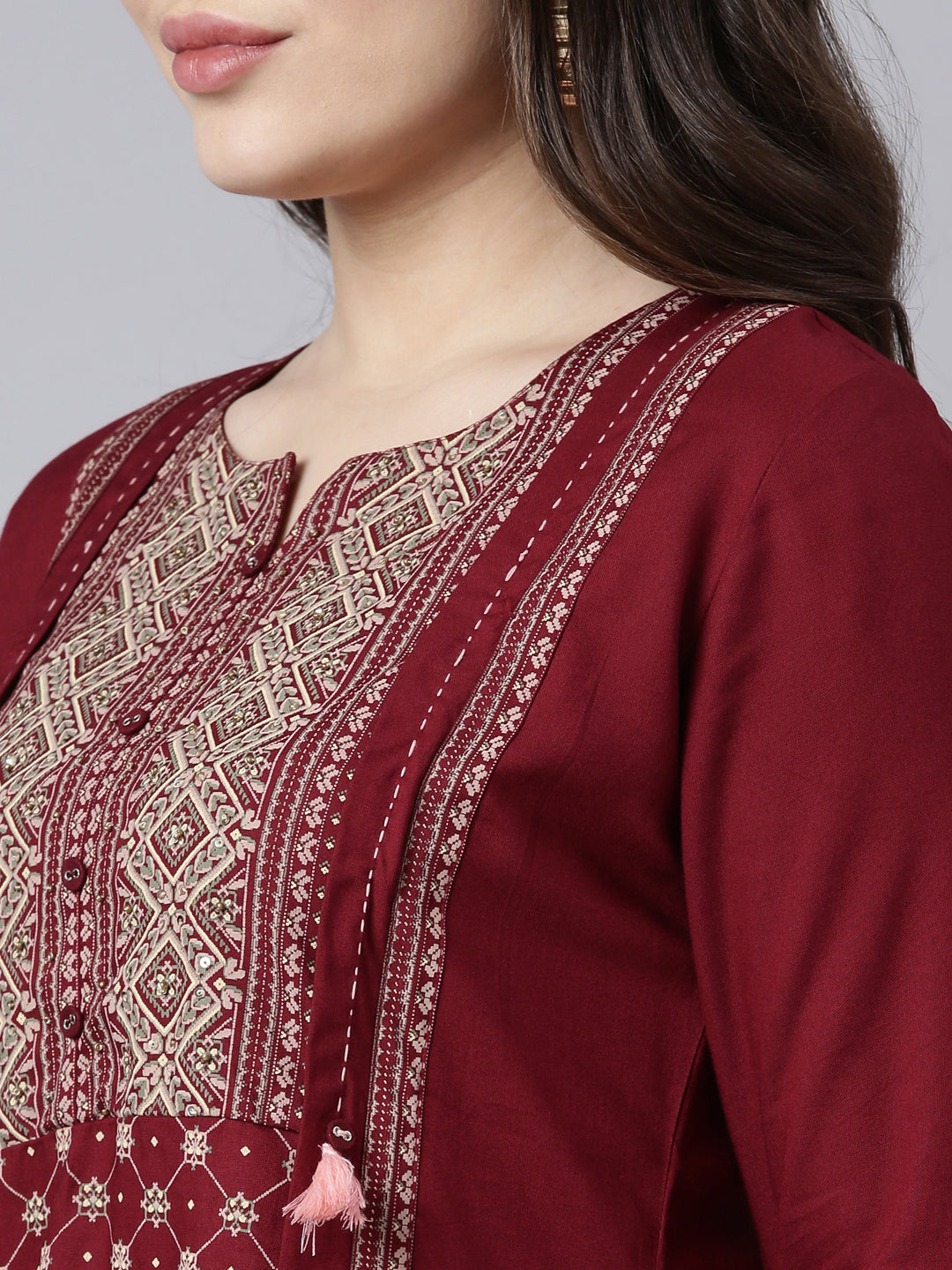 Neerus Maroon Regular Straight Woven Design Kurtas