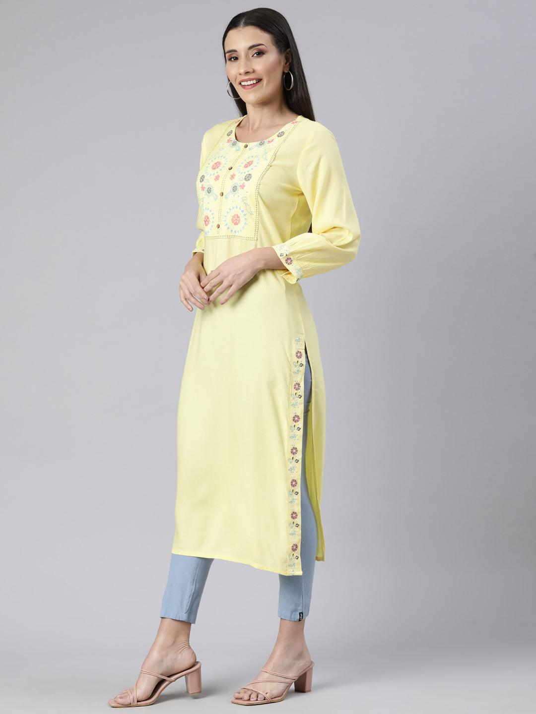 Neerus Yellow Regular Straight Solid Kurtas